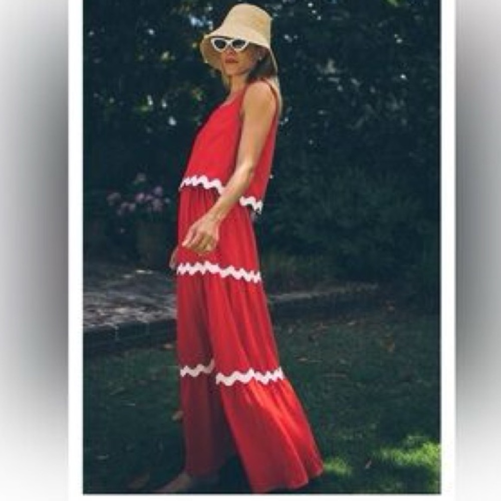 Pretty Garden Red 2 Piece Maxi Skirt Set Pockets Sleeveless Excellent Size L - Picture 1 of 7